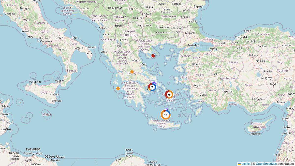 Map of the 42 Edit by Chase Travel hotels in Greece, each pin colored by nightly price tier