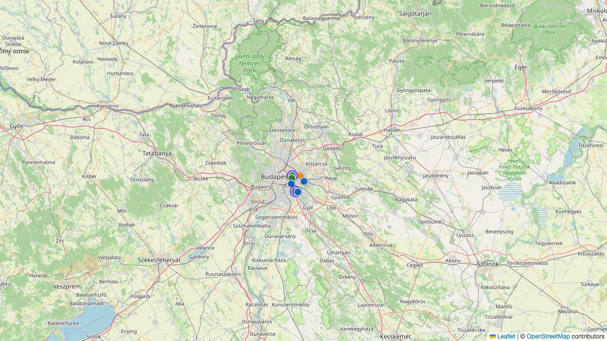 Map of the 7 Edit by Chase Travel hotels in Hungary, each pin colored by nightly price tier
