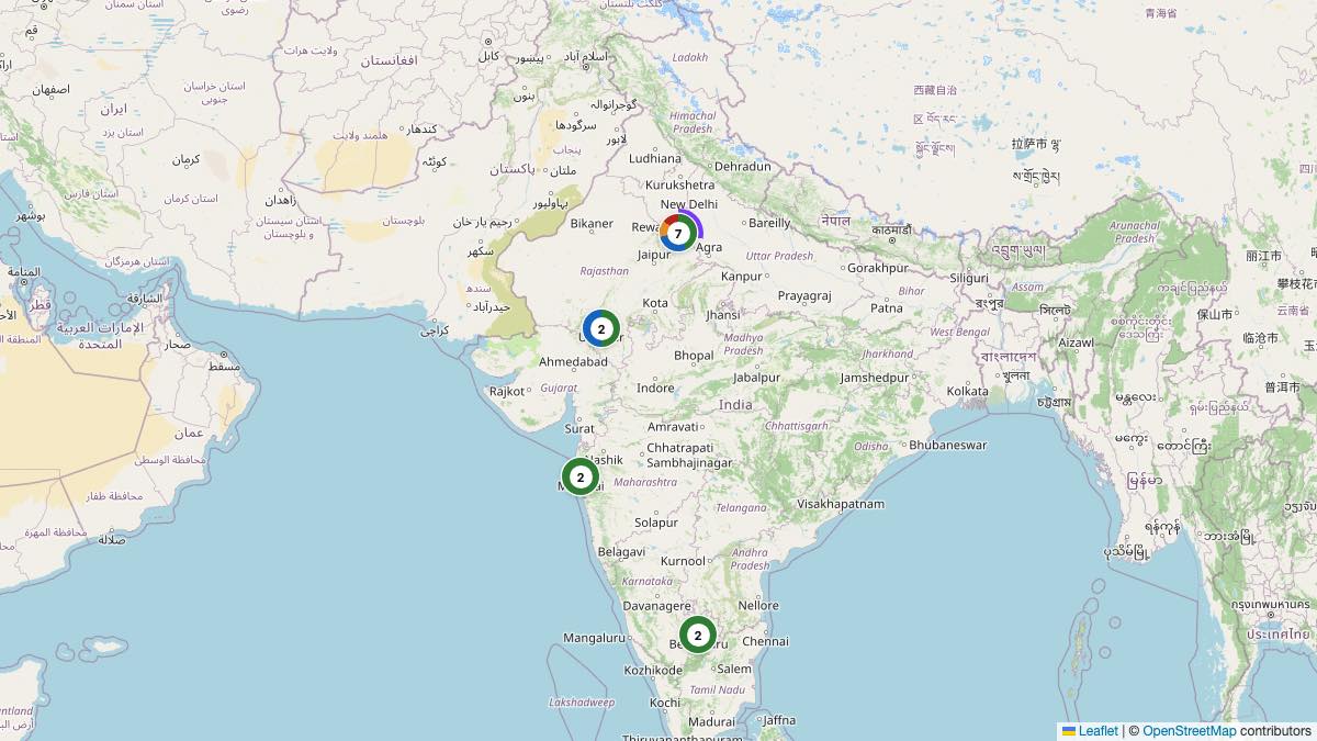 Map of the 13 Edit by Chase Travel hotels in India, each pin colored by nightly price tier