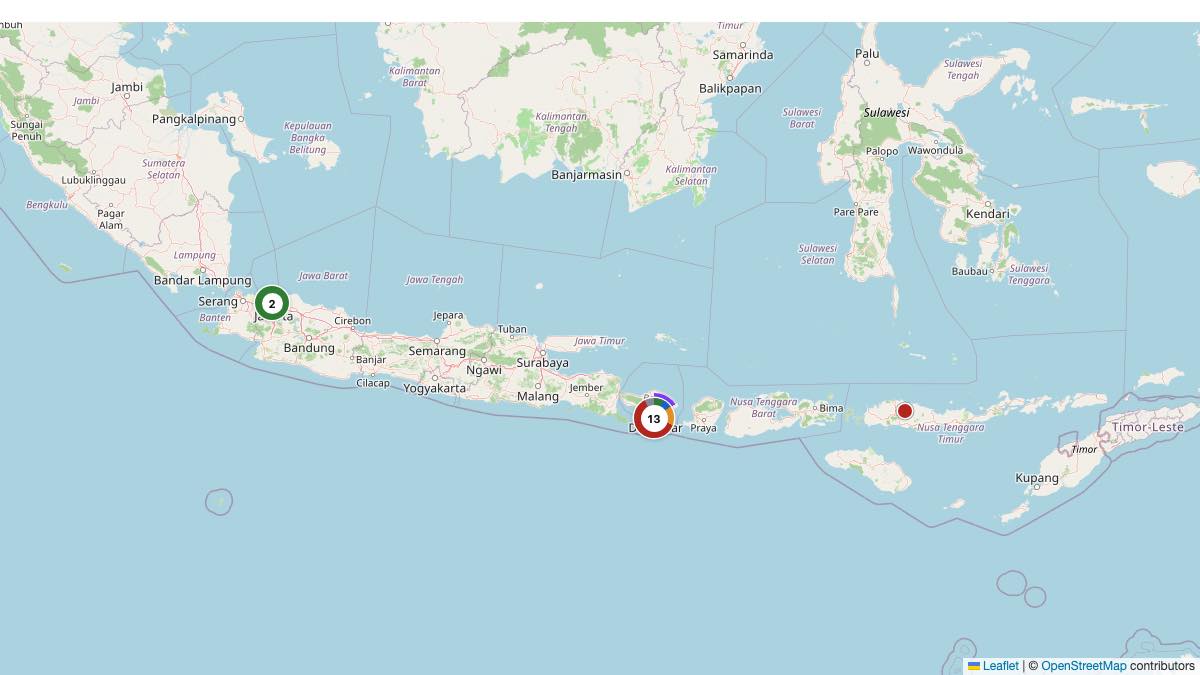 Map of the 16 Edit by Chase Travel hotels in Indonesia, each pin colored by nightly price tier