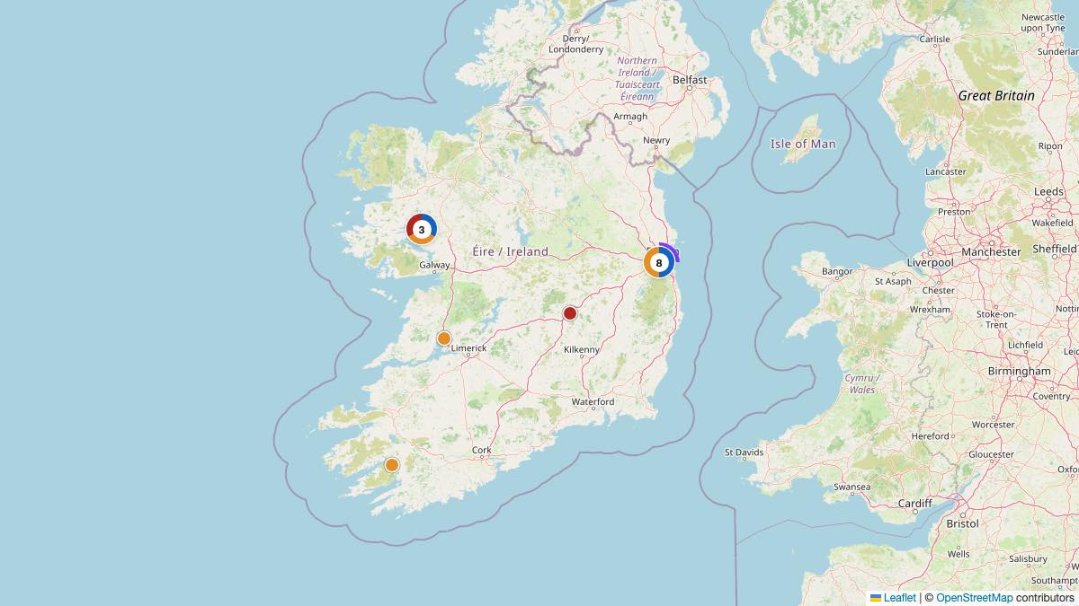 Map of the 14 Edit by Chase Travel hotels in Ireland, each pin colored by nightly price tier