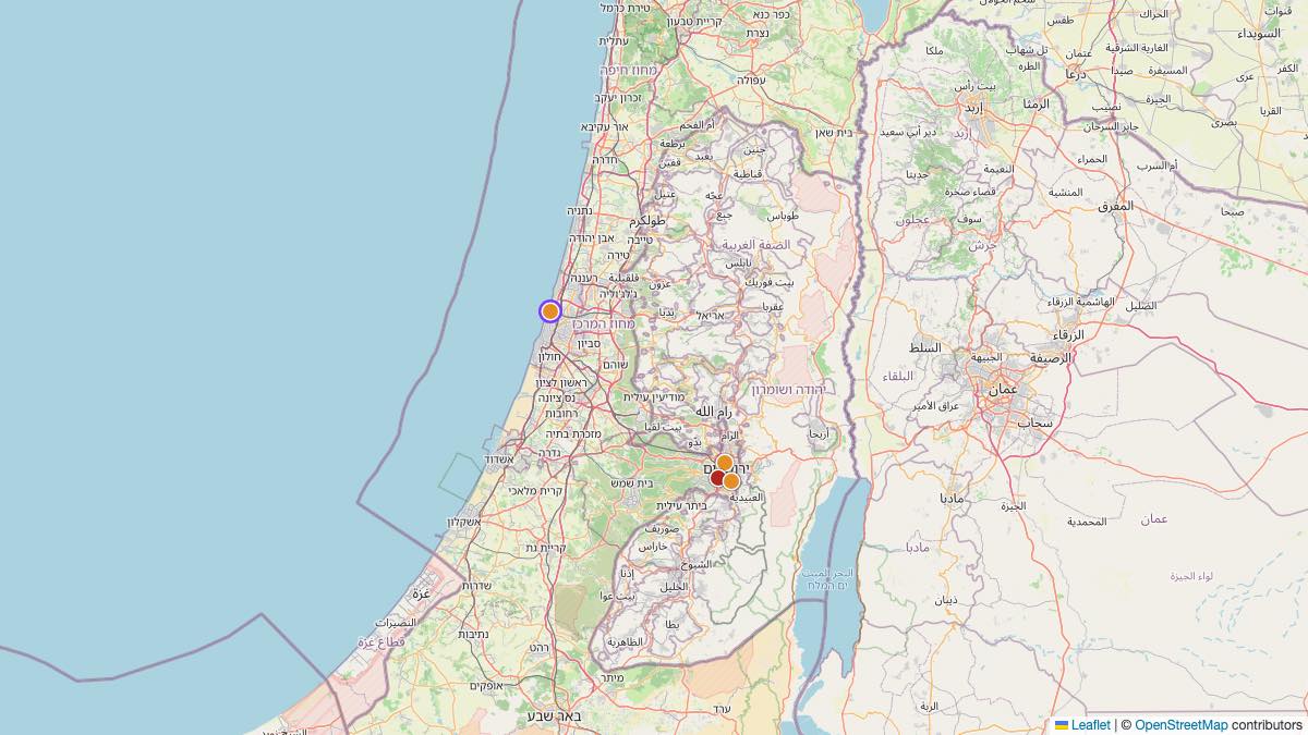 Map of the 4 Edit by Chase Travel hotels in Israel, each pin colored by nightly price tier