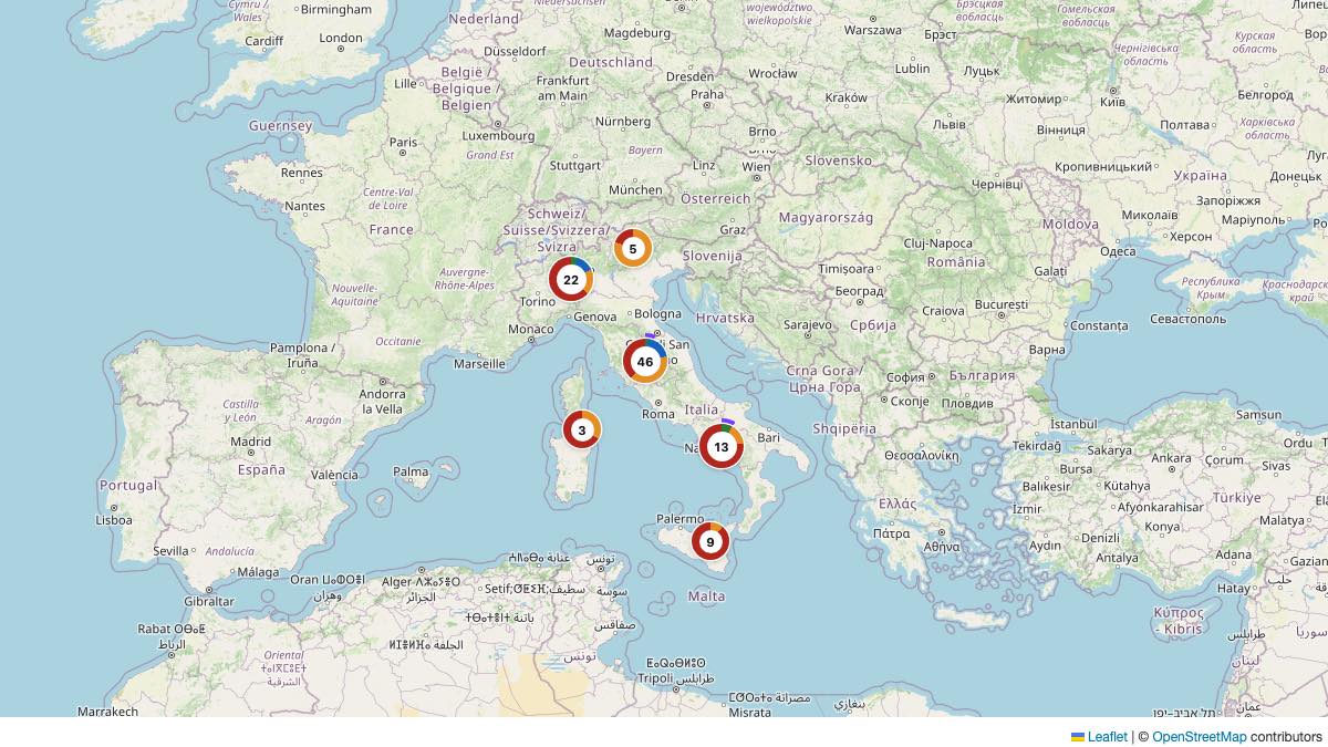 Map of the 100 Edit by Chase Travel hotels in Italy, each pin colored by nightly price tier