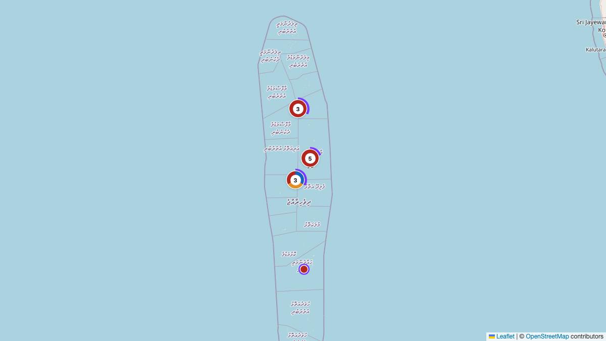 Map of the 12 Edit by Chase Travel hotels in Maldives, each pin colored by nightly price tier