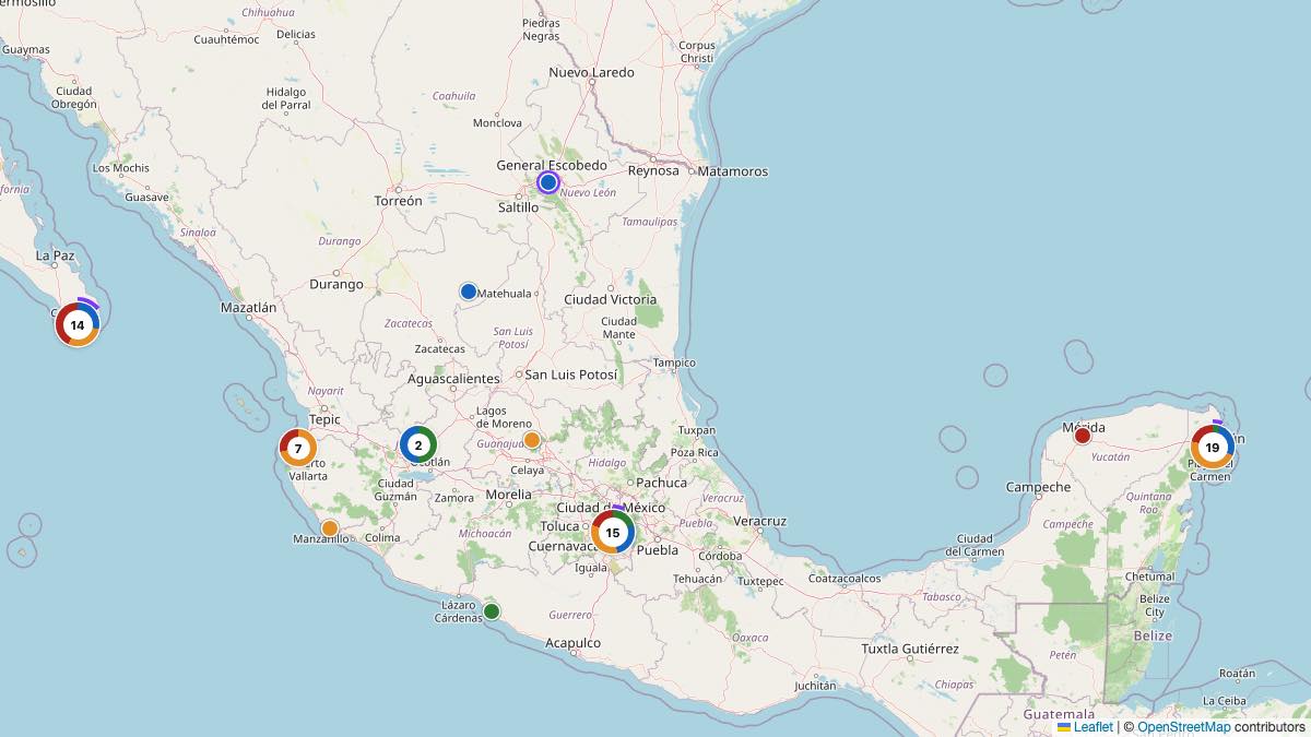 Map of the 65 Edit by Chase Travel hotels in Mexico, each pin colored by nightly price tier