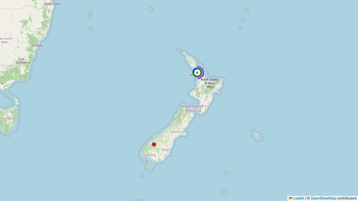 Map of the 5 Edit by Chase Travel hotels in New Zealand, each pin colored by nightly price tier