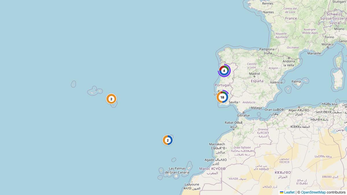 Map of the 27 Edit by Chase Travel hotels in Portugal, each pin colored by nightly price tier