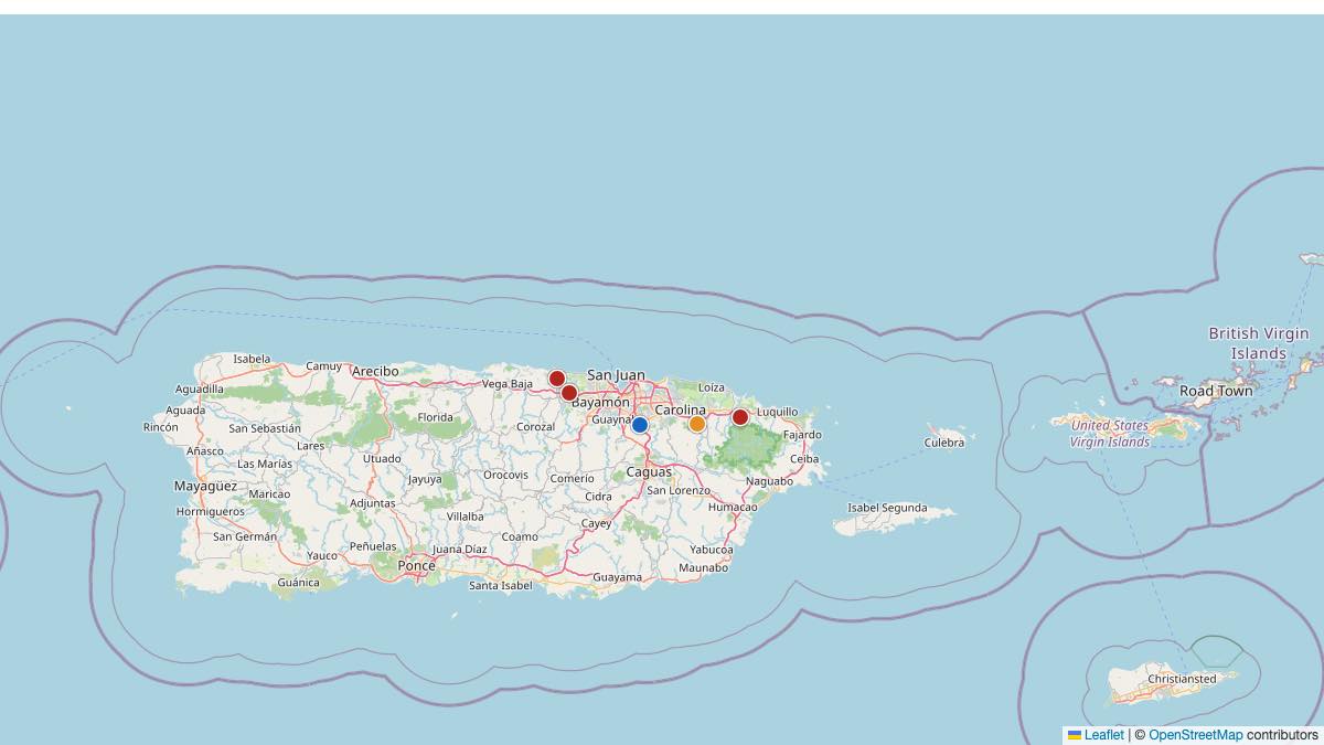 Map of the 5 Edit by Chase Travel hotels in Puerto Rico, each pin colored by nightly price tier