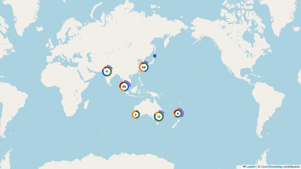 Map of the 199 Edit by Chase Travel hotels in Asia & Pacific, each pin colored by nightly price tier