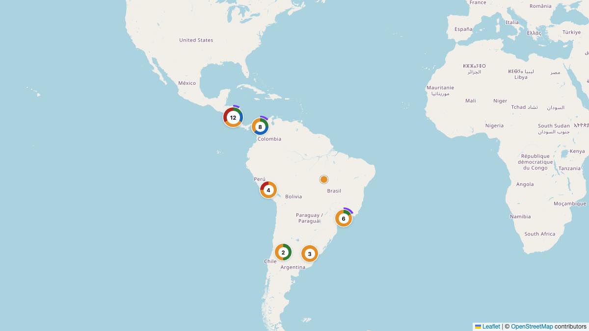 Map of the 36 Edit by Chase Travel hotels in Central & South America, each pin colored by nightly price tier