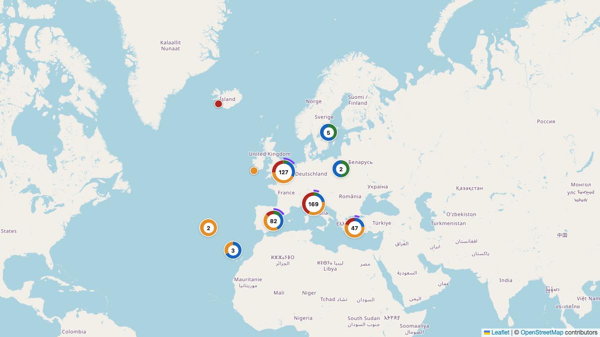 Map of the 452 Edit by Chase Travel hotels in Europe, each pin colored by nightly price tier