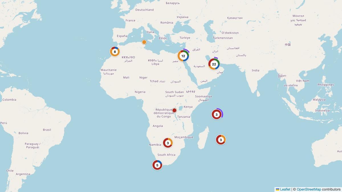 Map of the 58 Edit by Chase Travel hotels in Middle East & Africa, each pin colored by nightly price tier