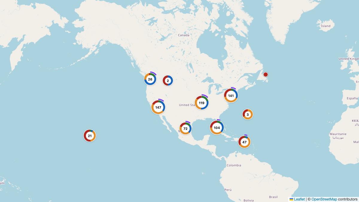 Map of the 707 Edit by Chase Travel hotels in North America & Caribbean, each pin colored by nightly price tier