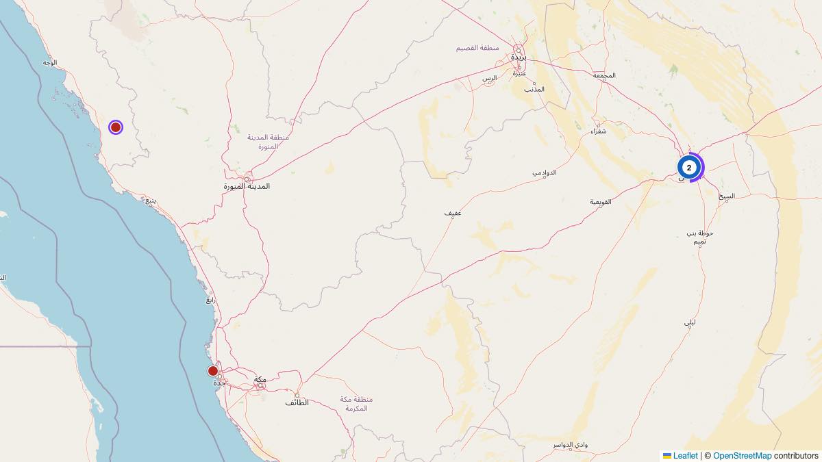 Map of the 4 Edit by Chase Travel hotels in Saudi Arabia, each pin colored by nightly price tier
