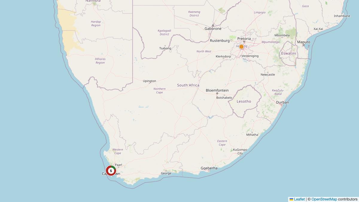 Map of the 6 Edit by Chase Travel hotels in South Africa, each pin colored by nightly price tier