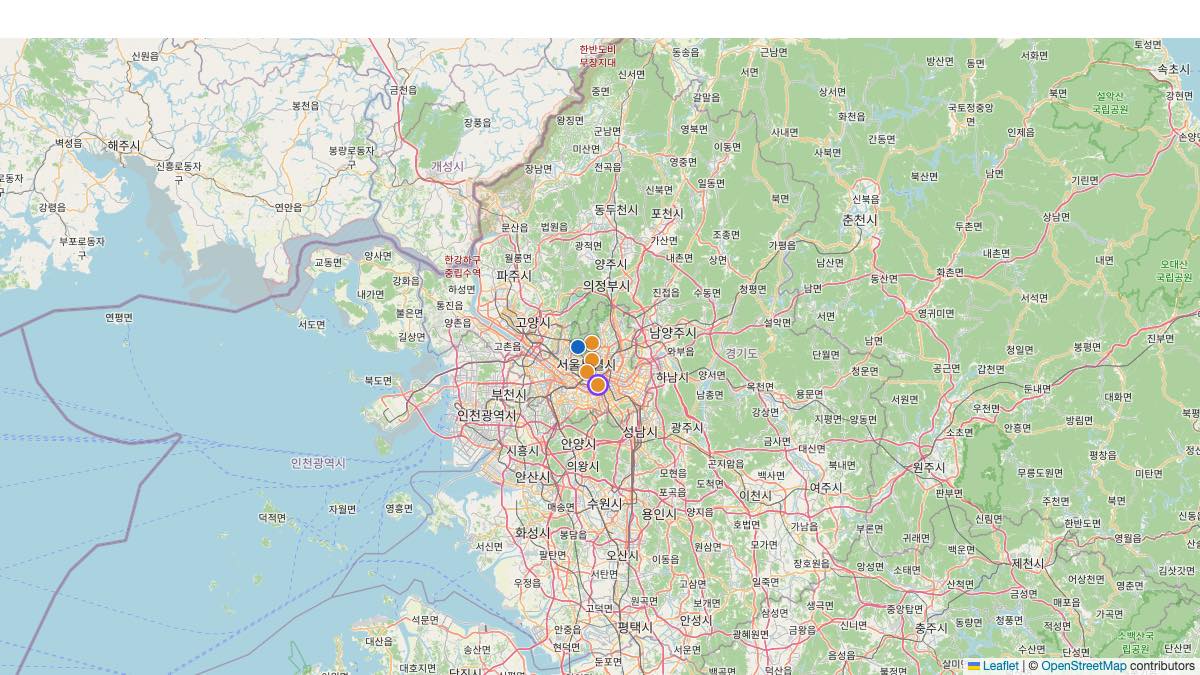 Map of the 5 Edit by Chase Travel hotels in South Korea, each pin colored by nightly price tier
