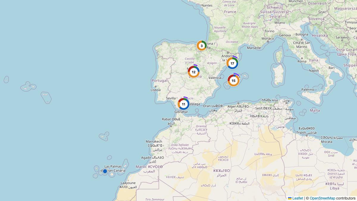 Map of the 61 Edit by Chase Travel hotels in Spain, each pin colored by nightly price tier