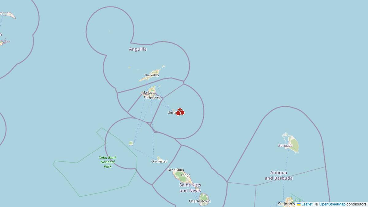 Map of the 4 Edit by Chase Travel hotels in St. Barthélemy, each pin colored by nightly price tier
