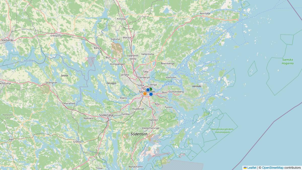 Map of the 4 Edit by Chase Travel hotels in Sweden, each pin colored by nightly price tier
