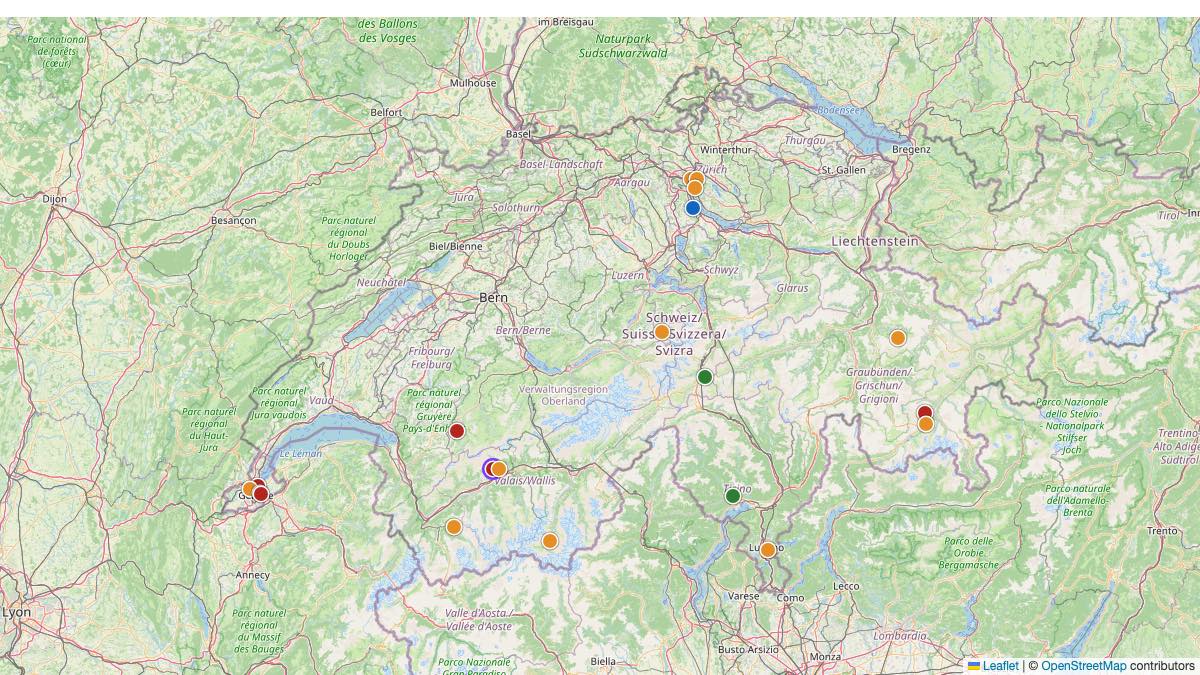 Map of the 21 Edit by Chase Travel hotels in Switzerland, each pin colored by nightly price tier