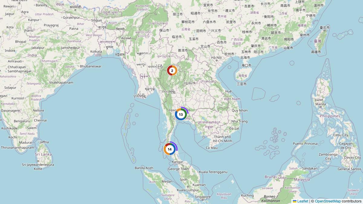 Map of the 29 Edit by Chase Travel hotels in Thailand, each pin colored by nightly price tier