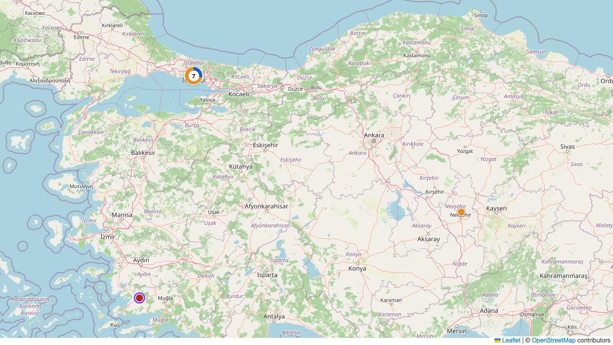 Map of the 9 Edit by Chase Travel hotels in Türkiye, each pin colored by nightly price tier