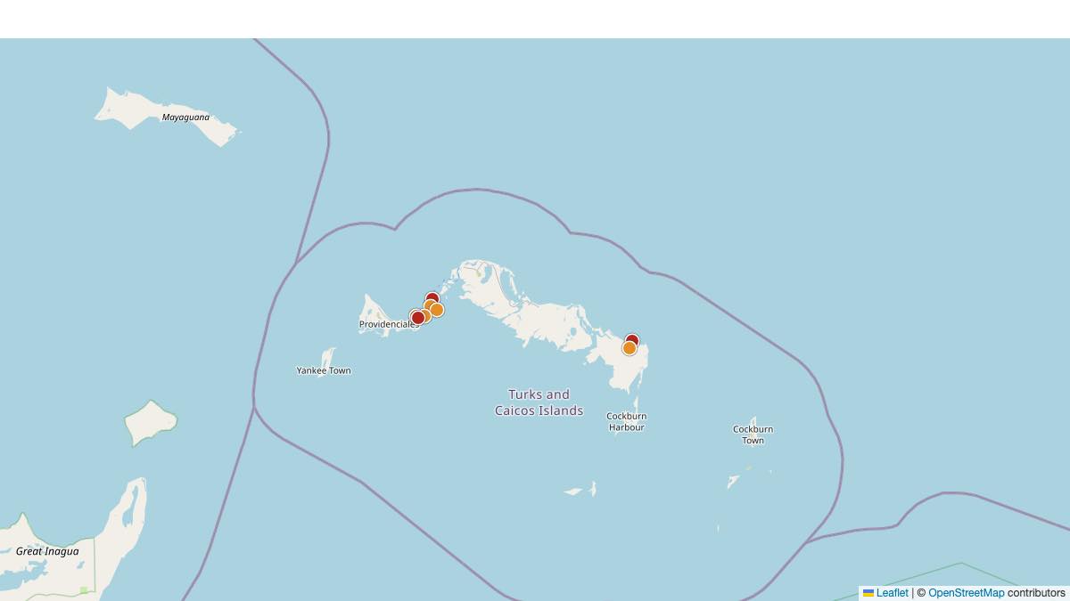 Map of the 8 Edit by Chase Travel hotels in Turks & Caicos Islands, each pin colored by nightly price tier