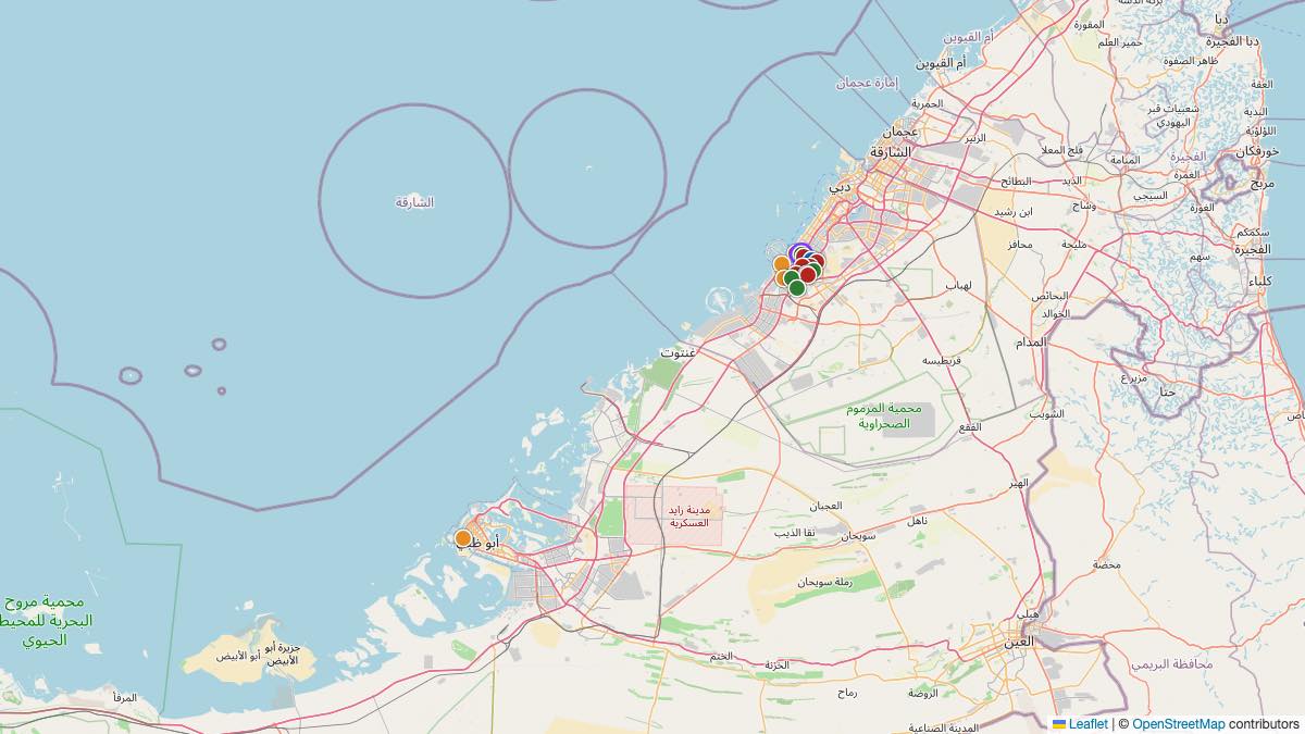 Map of the 16 Edit by Chase Travel hotels in United Arab Emirates, each pin colored by nightly price tier