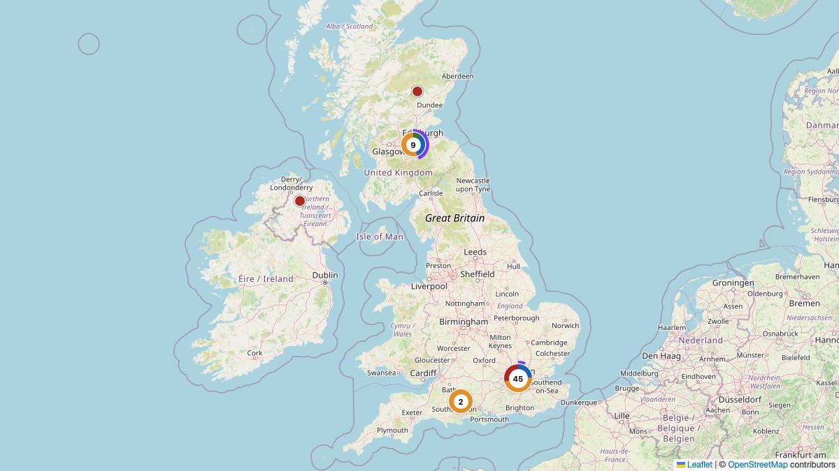 Map of the 56 Edit by Chase Travel hotels in United Kingdom, each pin colored by nightly price tier