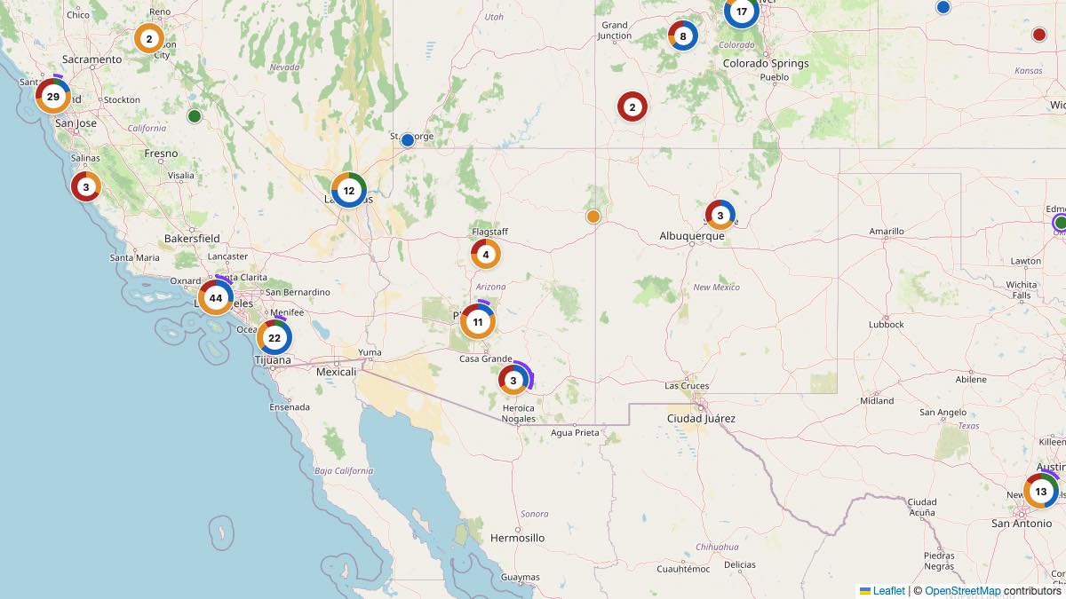 Map of the 20 Edit by Chase Travel hotels in Arizona, each pin colored by nightly price tier
