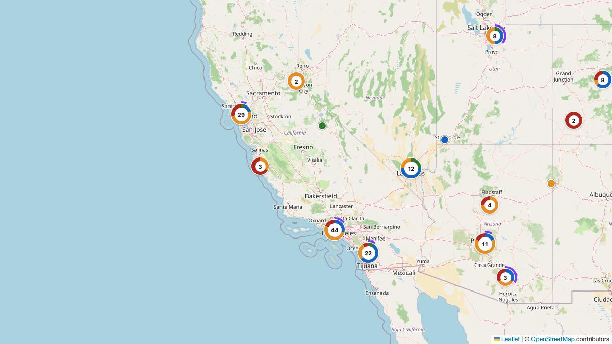 Map of the 112 Edit by Chase Travel hotels in California, each pin colored by nightly price tier