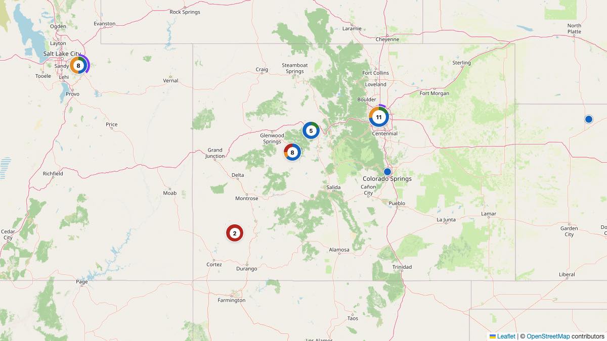 Map of the 33 Edit by Chase Travel hotels in Colorado, each pin colored by nightly price tier