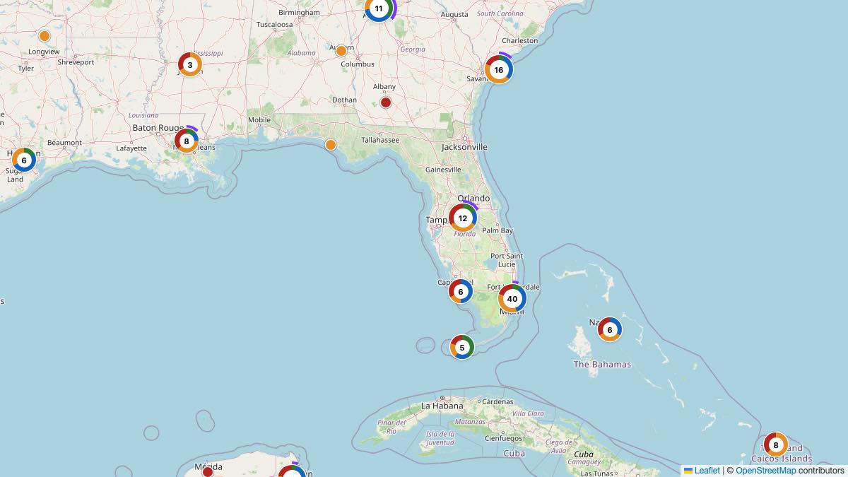 Map of the 71 Edit by Chase Travel hotels in Florida, each pin colored by nightly price tier