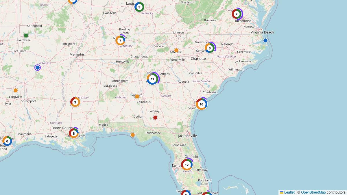Map of the 18 Edit by Chase Travel hotels in Georgia, each pin colored by nightly price tier