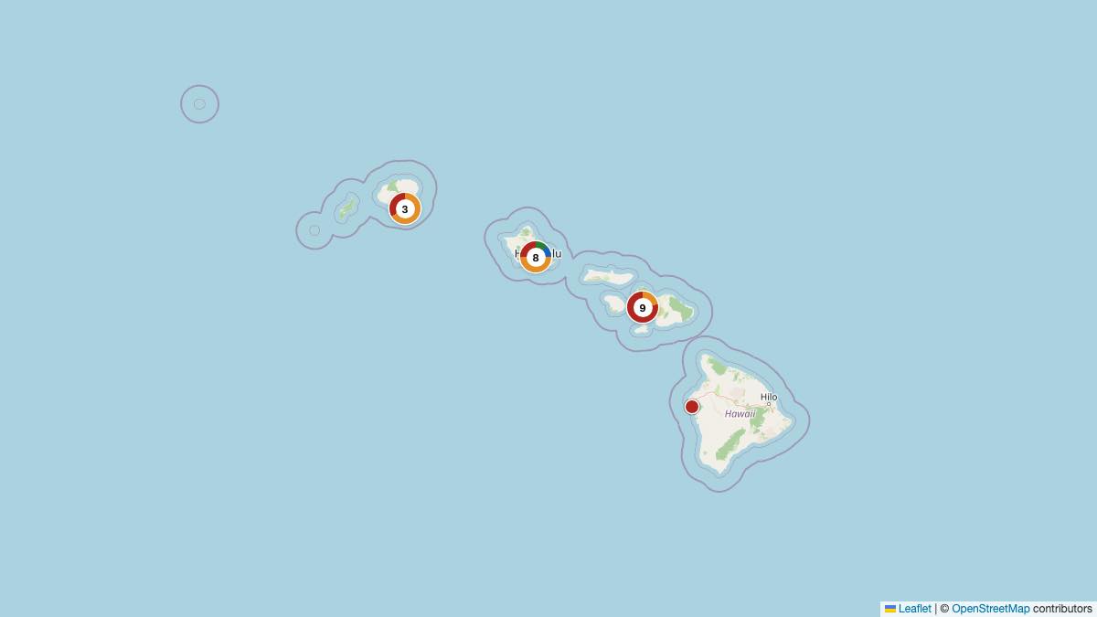 Map of the 25 Edit by Chase Travel hotels in Hawaii, each pin colored by nightly price tier