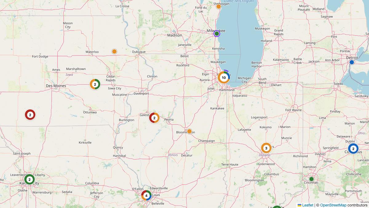 Map of the 12 Edit by Chase Travel hotels in Illinois, each pin colored by nightly price tier