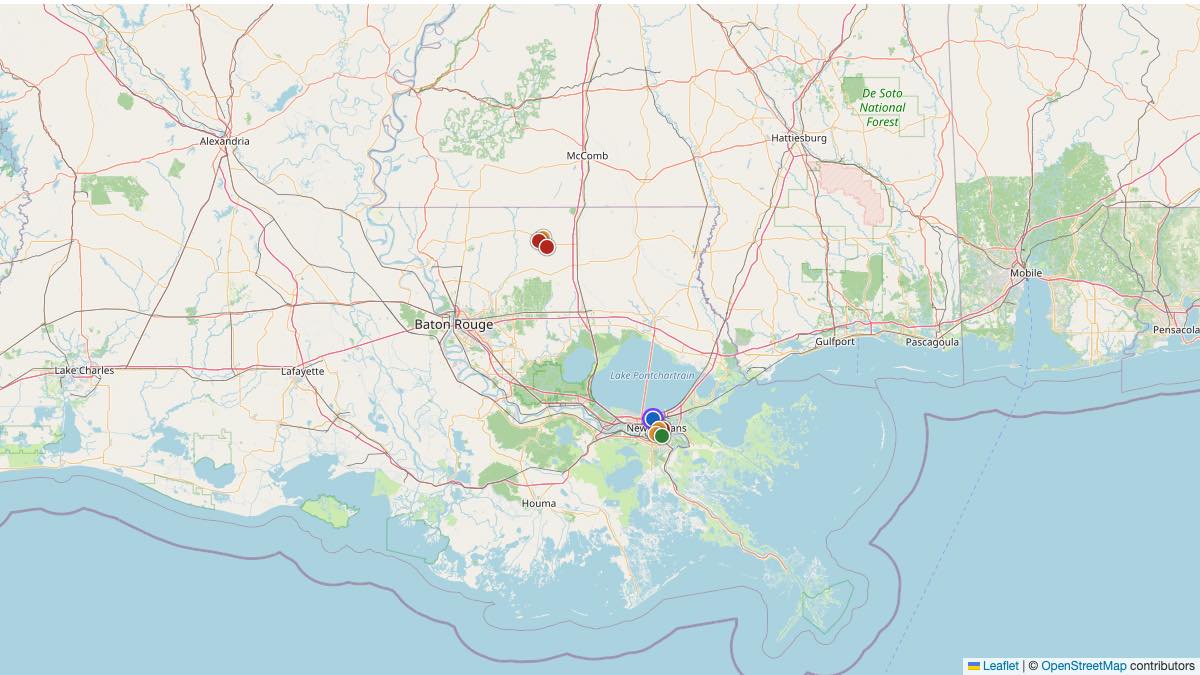 Map of the 6 Edit by Chase Travel hotels in Louisiana, each pin colored by nightly price tier