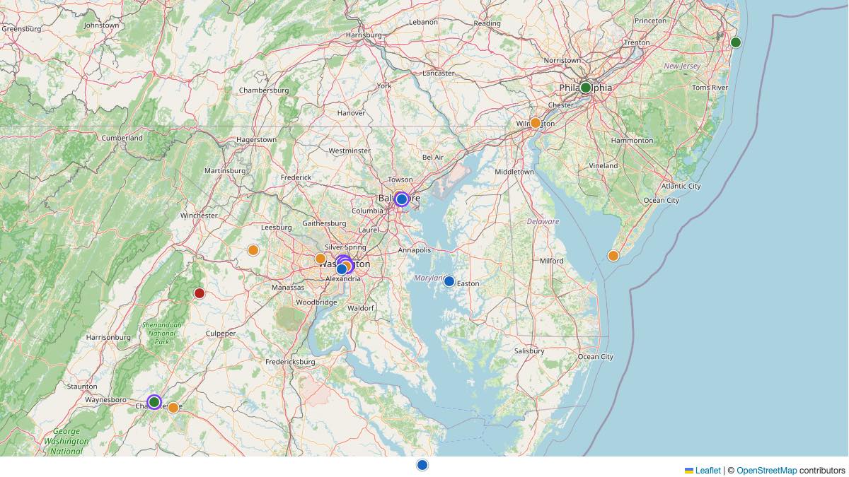 Map of the 4 Edit by Chase Travel hotels in Maryland, each pin colored by nightly price tier
