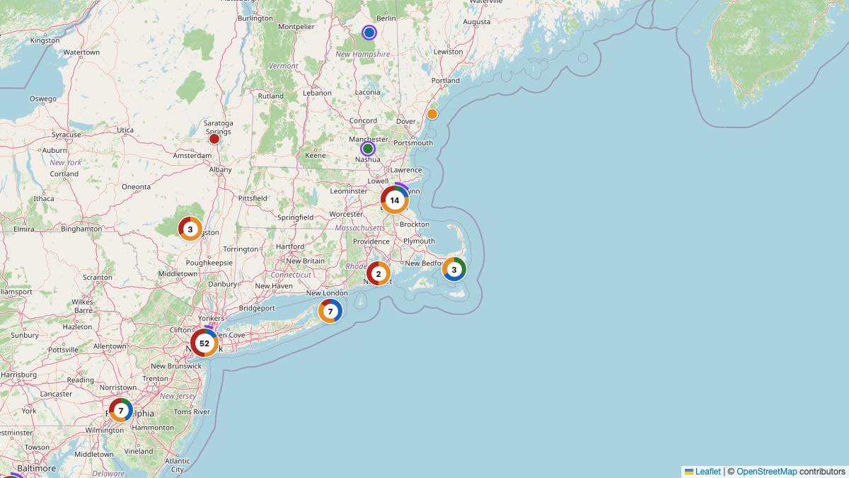Map of the 20 Edit by Chase Travel hotels in Massachusetts, each pin colored by nightly price tier