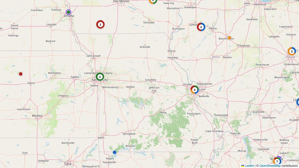 Map of the 4 Edit by Chase Travel hotels in Missouri, each pin colored by nightly price tier