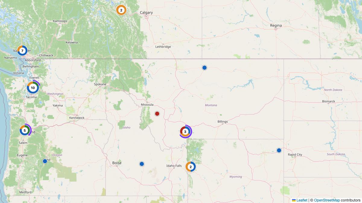 Map of the 5 Edit by Chase Travel hotels in Montana, each pin colored by nightly price tier