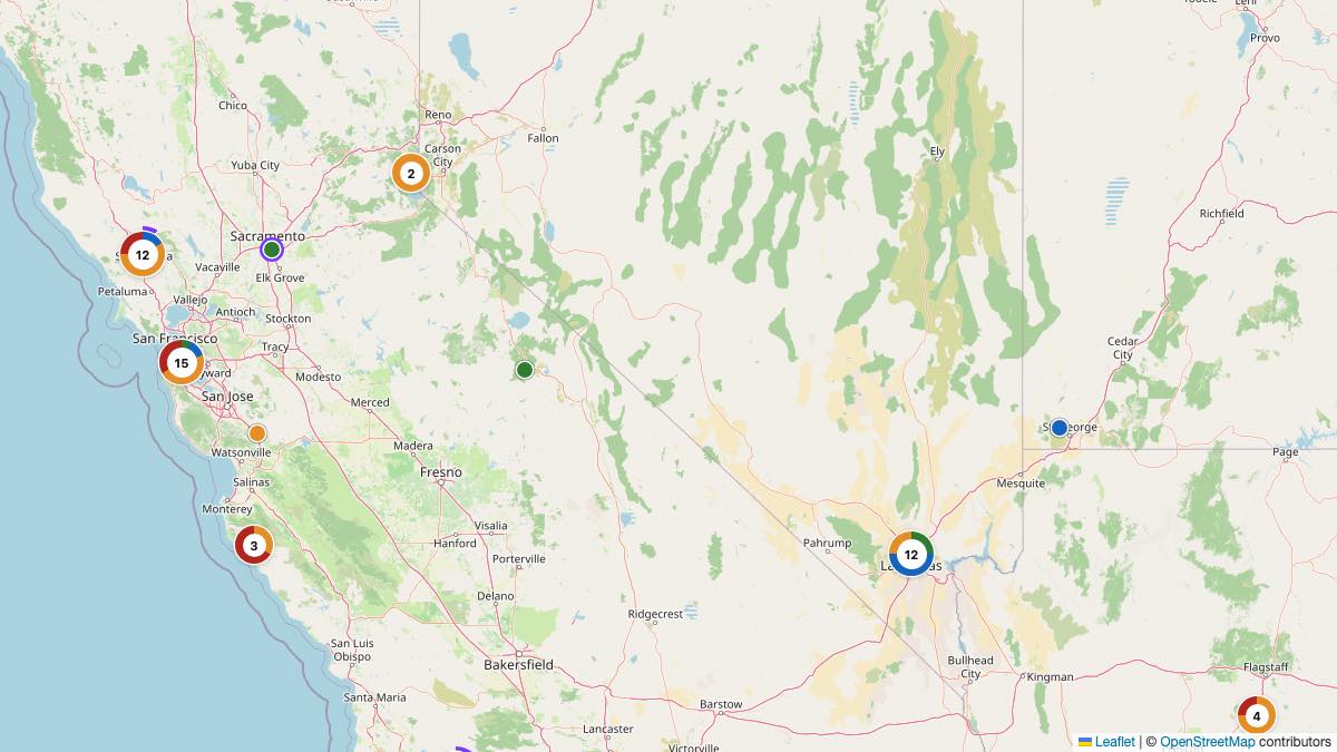 Map of the 13 Edit by Chase Travel hotels in Nevada, each pin colored by nightly price tier