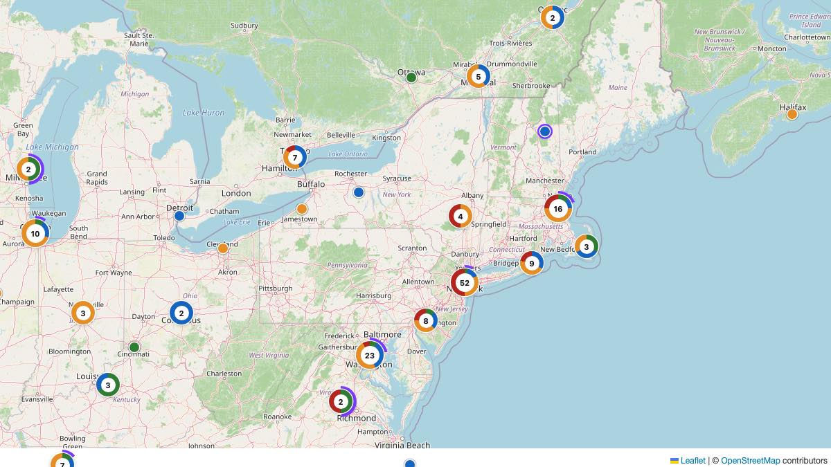 Map of the 58 Edit by Chase Travel hotels in New York, each pin colored by nightly price tier