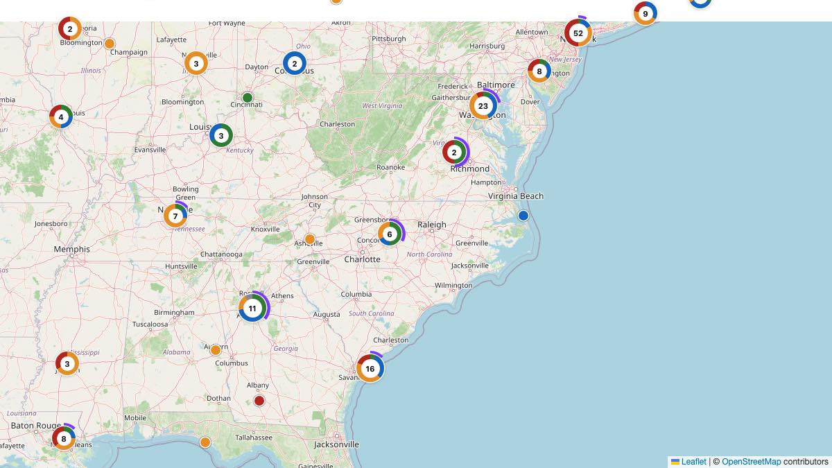 Map of the 7 Edit by Chase Travel hotels in North Carolina, each pin colored by nightly price tier