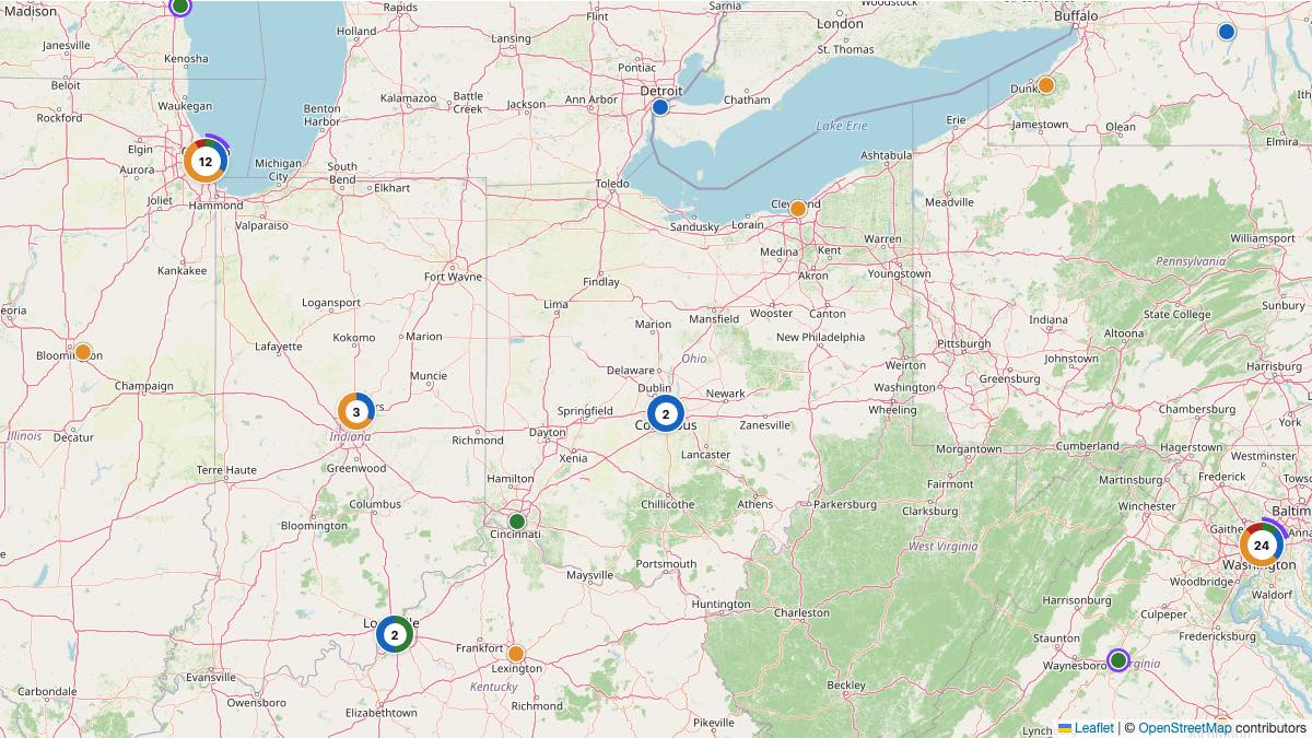 Map of the 4 Edit by Chase Travel hotels in Ohio, each pin colored by nightly price tier
