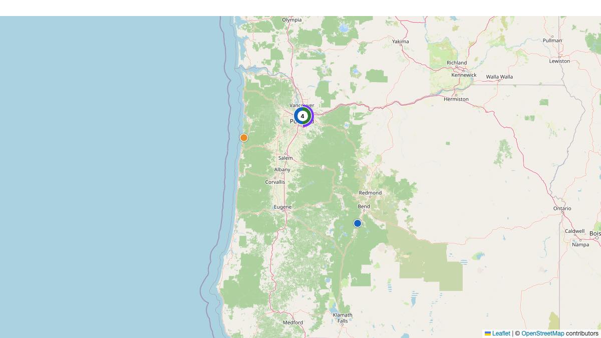 Map of the 7 Edit by Chase Travel hotels in Oregon, each pin colored by nightly price tier