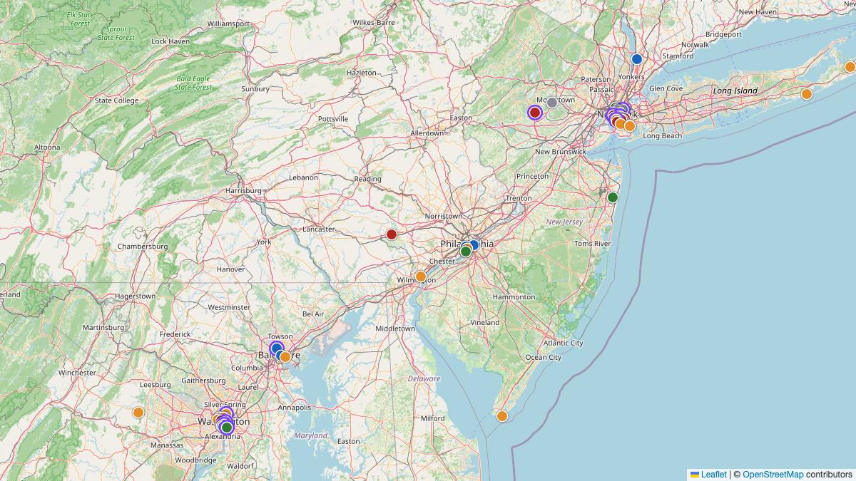 Map of the 5 Edit by Chase Travel hotels in Pennsylvania, each pin colored by nightly price tier