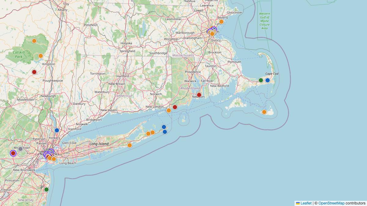 Map of the 5 Edit by Chase Travel hotels in Rhode Island, each pin colored by nightly price tier