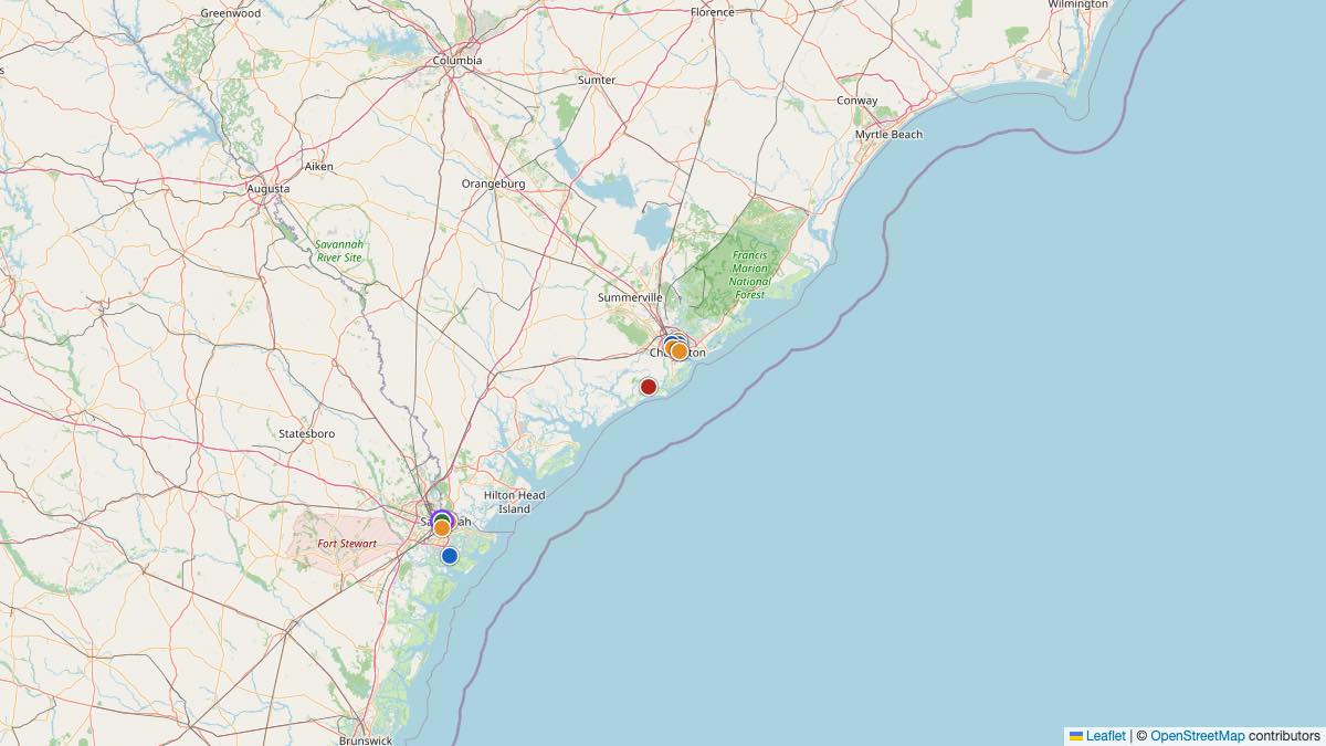 Map of the 10 Edit by Chase Travel hotels in South Carolina, each pin colored by nightly price tier