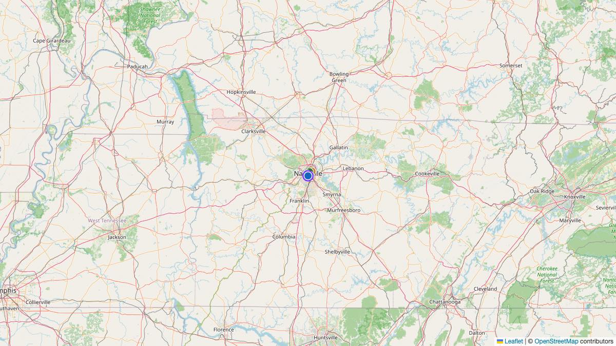 Map of the 8 Edit by Chase Travel hotels in Tennessee, each pin colored by nightly price tier